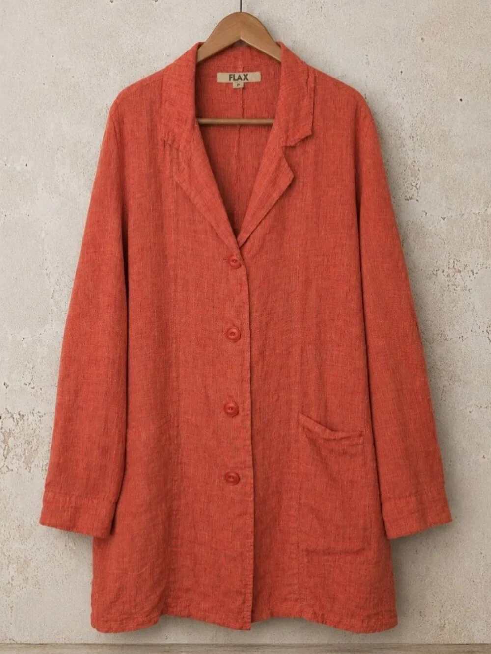 FLAX Size P S Petite Linen Duster Jacket Coat Rust Orange Pockets Topper Button
